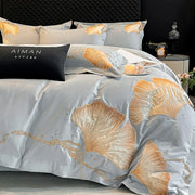Juego de Ropa de Cama con Bordado de Hoja de Ginkgo Oro Decorbites™ - Lujo 100% Algodón 4 Piezas