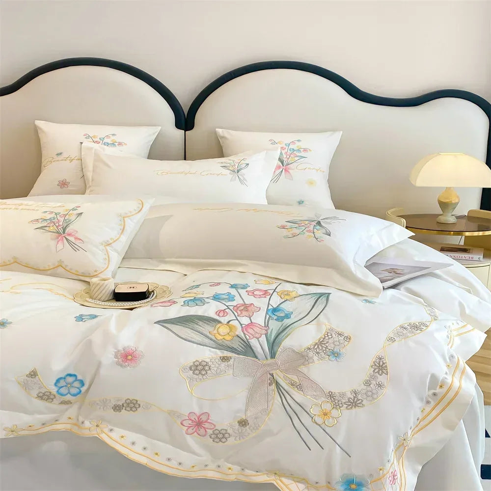DecorBites™ Butterfly Flowers Embroidery Cotton Bedding Set, 4pcs King Queen Size.