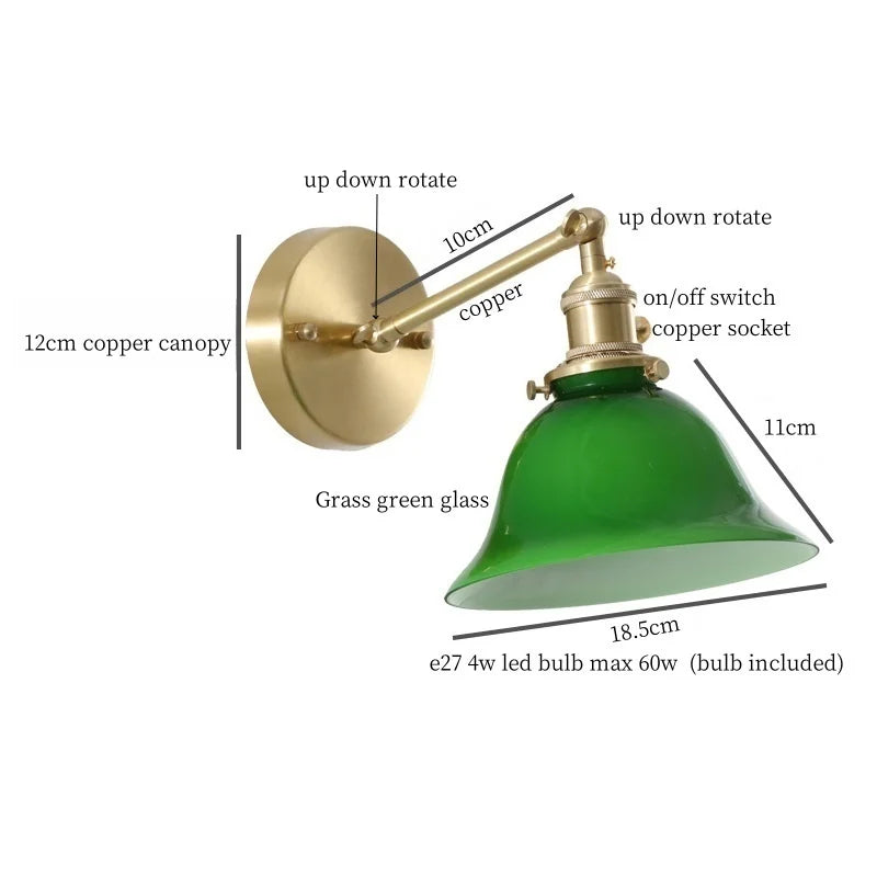DecorBites™ Green Glass LED Wall Sconce, Pull Chain Switch, for Bedside, Bathroom, Living Room