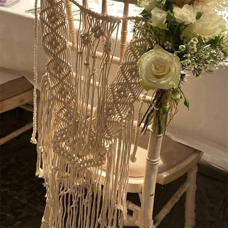 Decobites Macrame Wedding Chair Back Tapestry - Mr & Mrs Boho Woven Cotton Valance