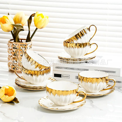 DecorBites™ Golden Ceramic Tea Cup Set, Elegant English Afternoon Tea, High Aesthetic Value