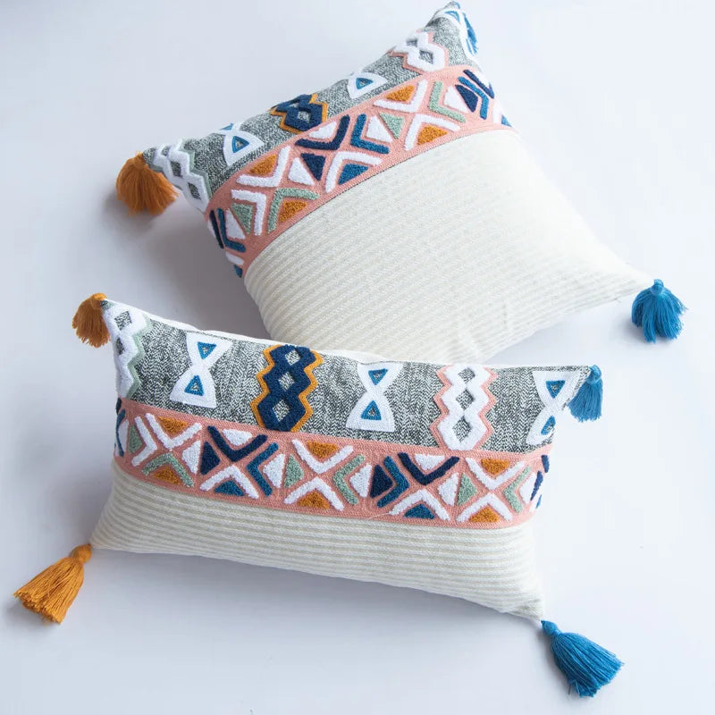 DecorBites™ Embroidered Blue Tufted Boho Pillow Cover with Tassel, Lumbar Decorative Cushion