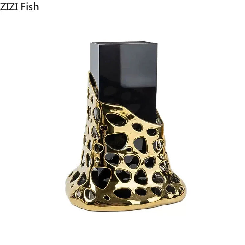 DecorBites™ Gold Plated Hollowed Vase for Desk Decoration and Floral Arrangement