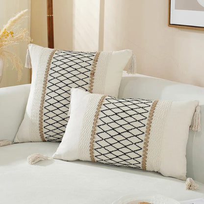 DecorBites™ Linen Stripe Diamond Woven Cushion Cover 45x45cm with Tassels
