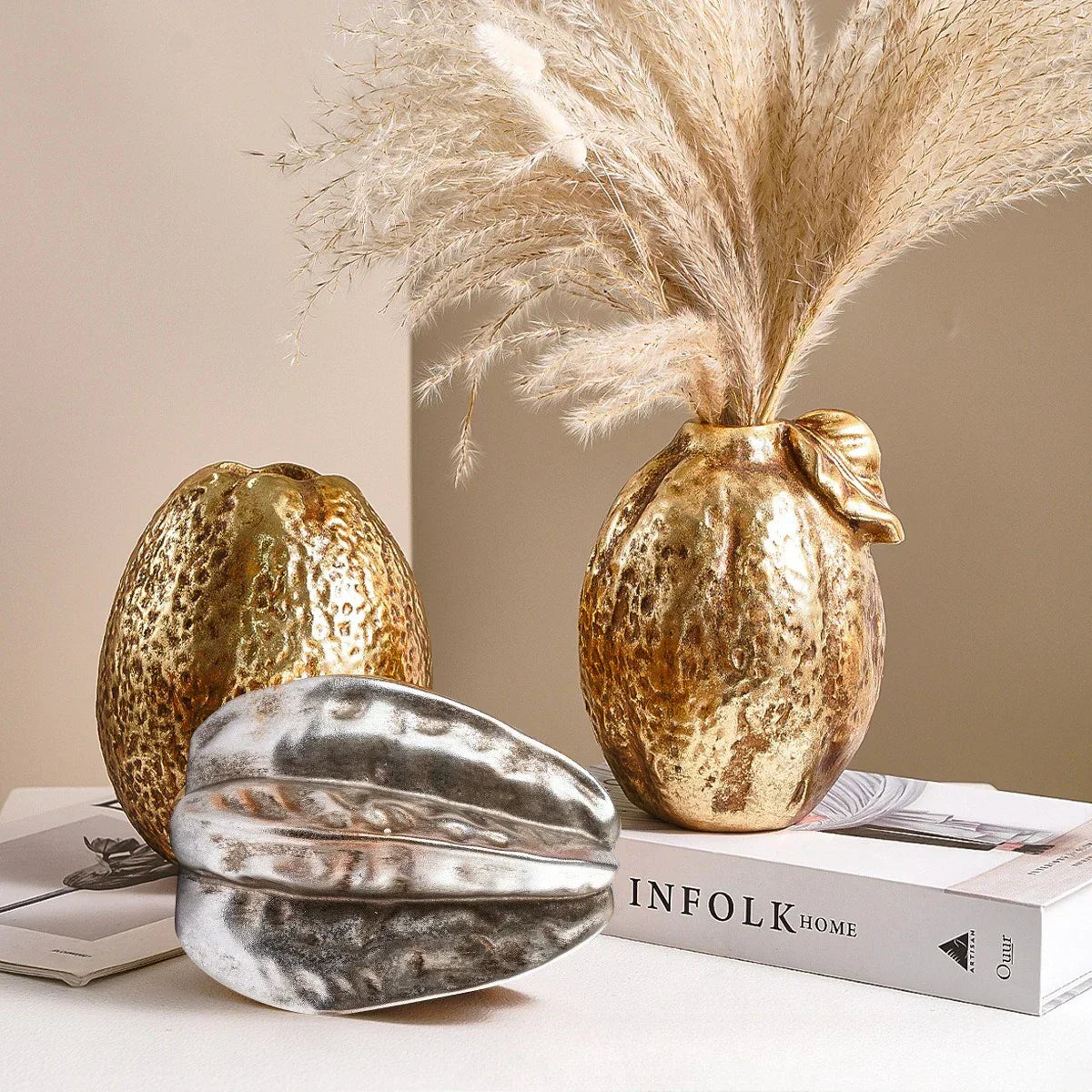 DecorBites™ Golden Star Fruit Vase: Ceramic Lemon Flowerpot & Simulated Fruit Ornaments