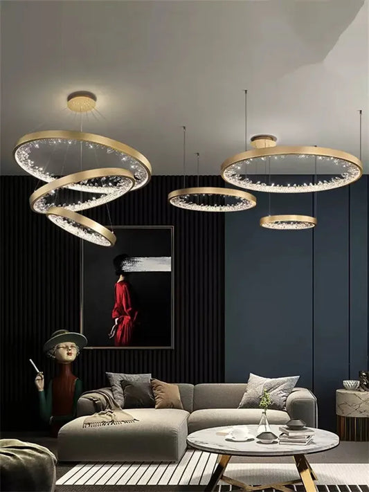 DecorBites™ Crystal Led Chandelier: Modern Luxury K9 Ring Dimmable Circle Hanging Lamp - Bedroom Living Dining Room Lighting