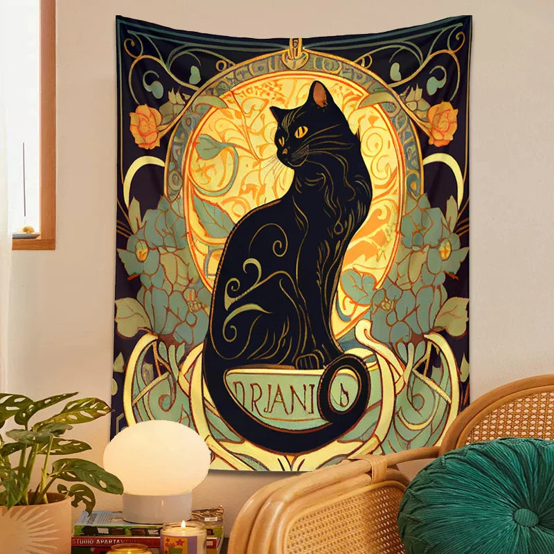 Decobites Black Cat Tapestry Wall Hanging Art Nouveau Floral Boho Decor