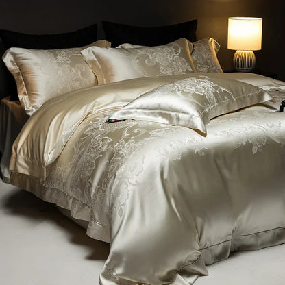 Decobites Silk Jacquard Cotton Luxury Bedding Set with Duvet Cover, Sheets & Pillowcases