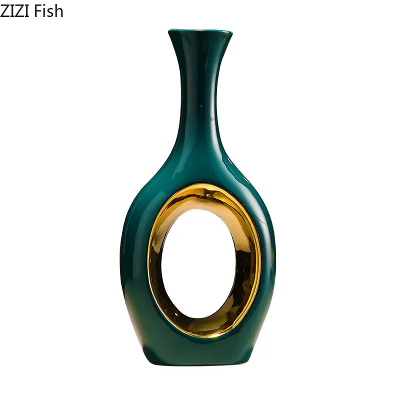 DecorBites™ Gold Ceramic Vase with Artificial Flowers for Elegant Room Decor