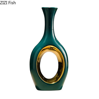 DecorBites™ Gold Ceramic Vase with Artificial Flowers for Elegant Room Decor