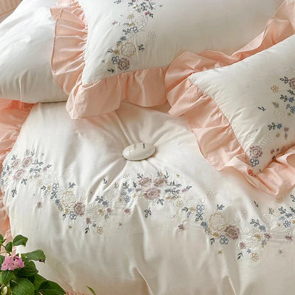 Decobites Korean Princess Lace Ruffles Flowers Embroidery Bedding Set with 100% Cotton Quality.