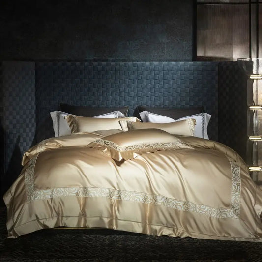 Decobites Satin Brocade Luxe Embroidery Bedding Set Champagne Cotton Duvet Cover Bed Sheet Pillowcases