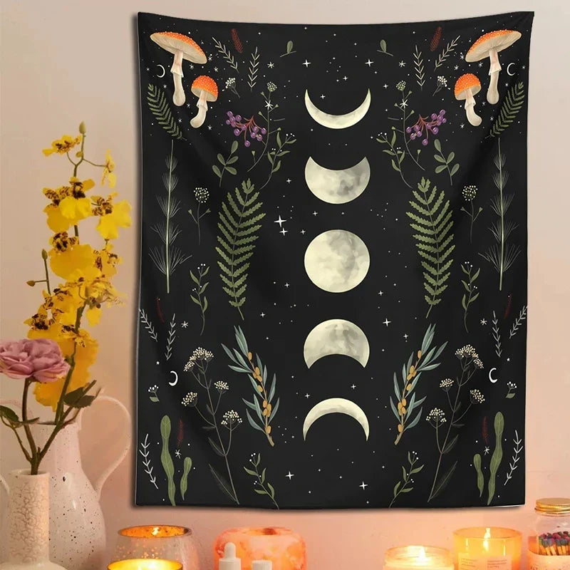 Moon Phase Mushroom Botanical Tapestry by Decobites for Boho Home Decor