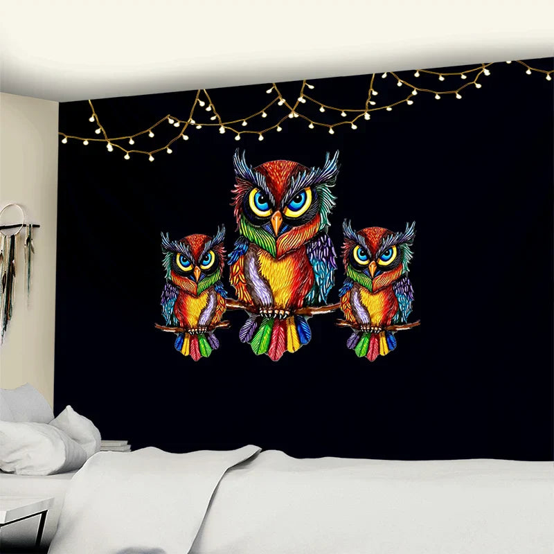 Decobites Owl On Tree 3D Tapestry - Abstract Mysterious Psychedelic Aesthetic Room Decor