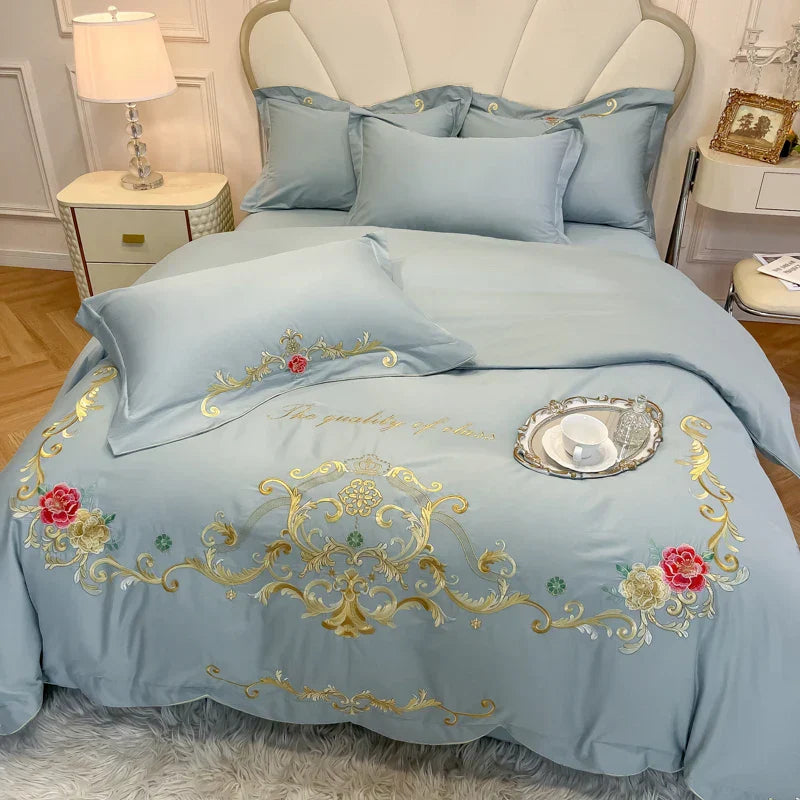 Decobites Floral Embroidery Luxury Bed Set - Queen/King Duvet Cover, Sheet, Pillowcases