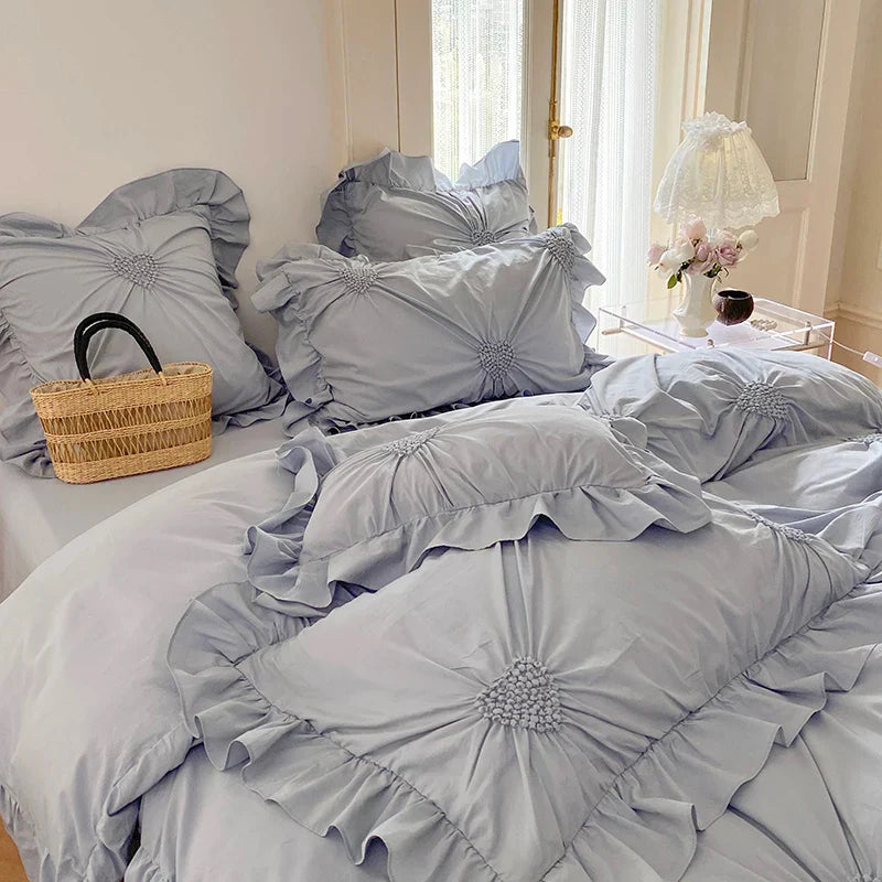 Decobites Korean Princess Style Pure Cotton Bedding Set with Ruffles and Heart Pleat