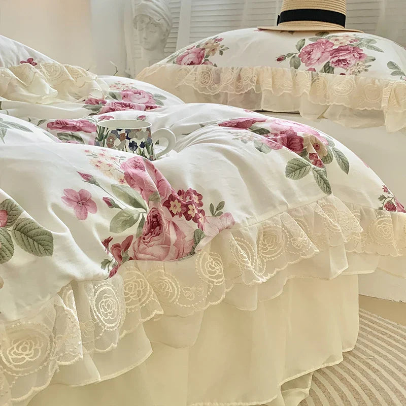 Decobites Vintage Rose Floral Double Layer Lace Ruffles 100% Cotton Bedding Set