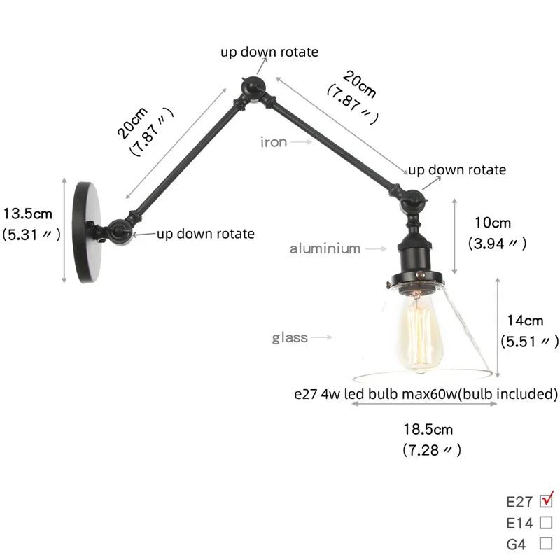 DecorBites™ Industrial Loft Swing Arm Wall Sconce Clear Glass Pull Chain Switch Bedside Lamp