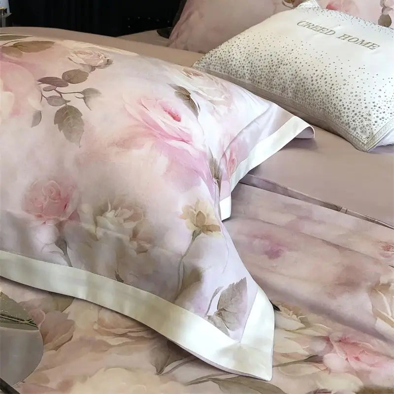 Decobites Pink Rose Flowers Print Bedding Set - 4Pcs