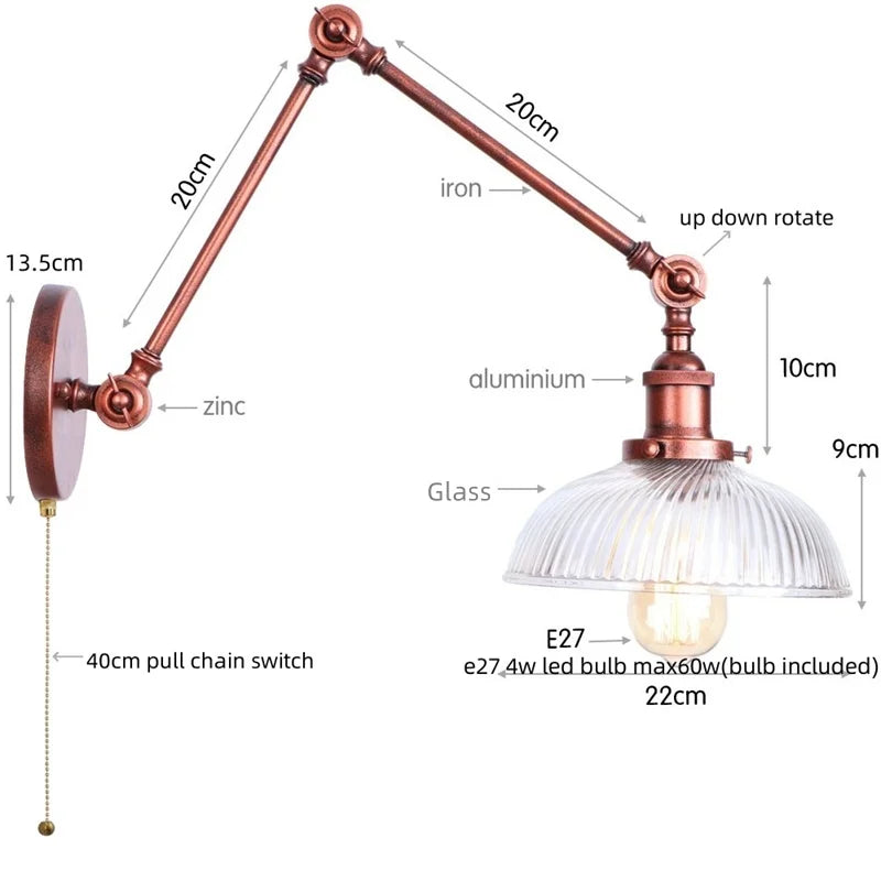 DecorBites™ مصباح حائط LED بذراع دوارة زجاجي قابل للتعديل مع مفتاح سلسلة سحب