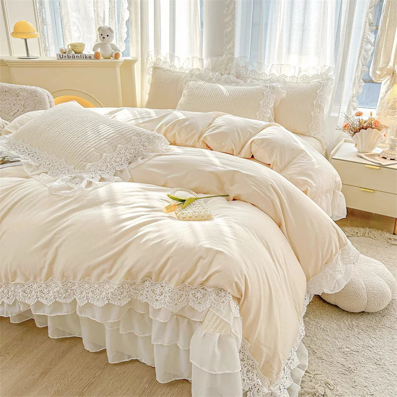 Decobites Lace Ruffles Princess Style 100% Cotton Bedding Set