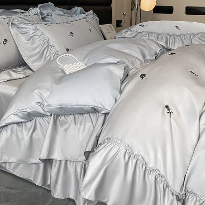 DecorBites™ Ice Silk Embroidery Bedding Sets: Luxury Rayon Duvet Set with Lace, Soft & Cozy