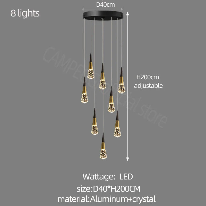 Lámpara de araña de cristal DecorBites™ con luz LED para escaleras, ideal para salas de estar, cocinas y restaurantes elegantes.