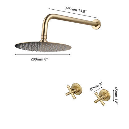 JIENI 8 Inch Brushed Gold Rainfall Shower Faucet Sets Wall Mounted Bathroom Round & Square Head 2 Handles Control Mixer Shower
