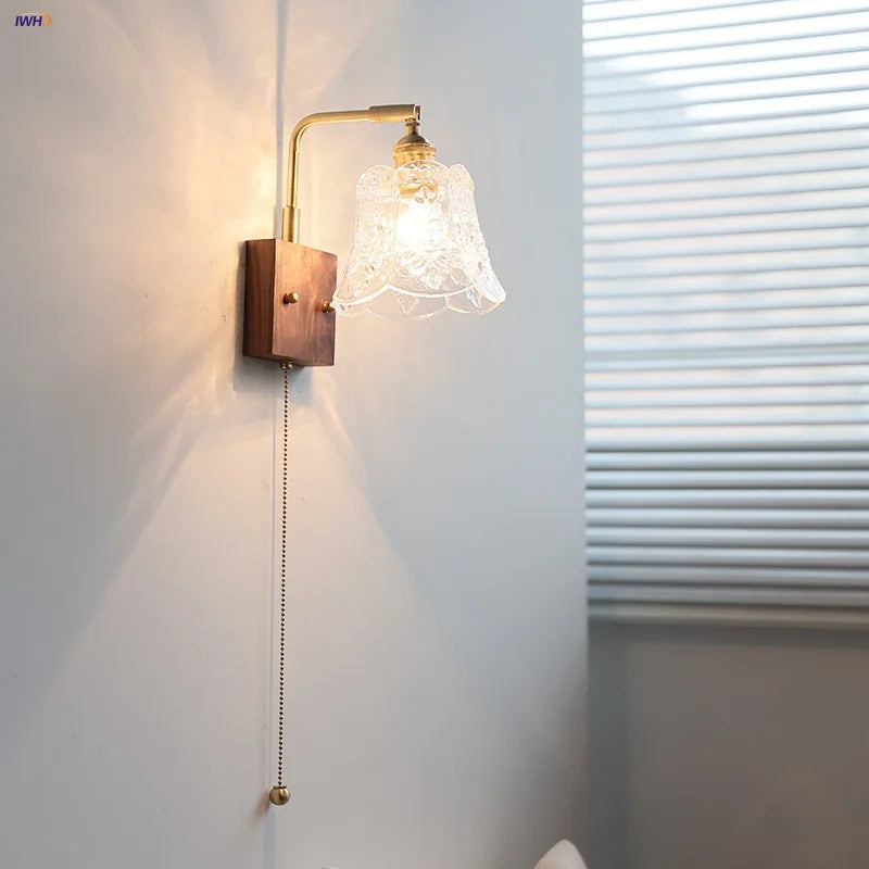 DecorBites™ Clear Glass LED Wall Light Walnut Bedside Lamp Modern Rotatable Brass Wall Lights