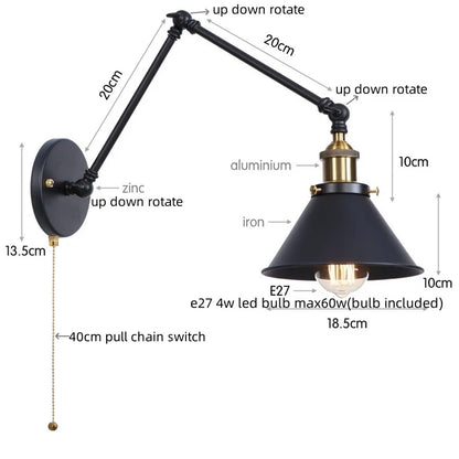 DecorBites™ Gold Long Arm LED Wall Sconce with Pull Chain Switch, Adjustable Industrial Bedside Lamp