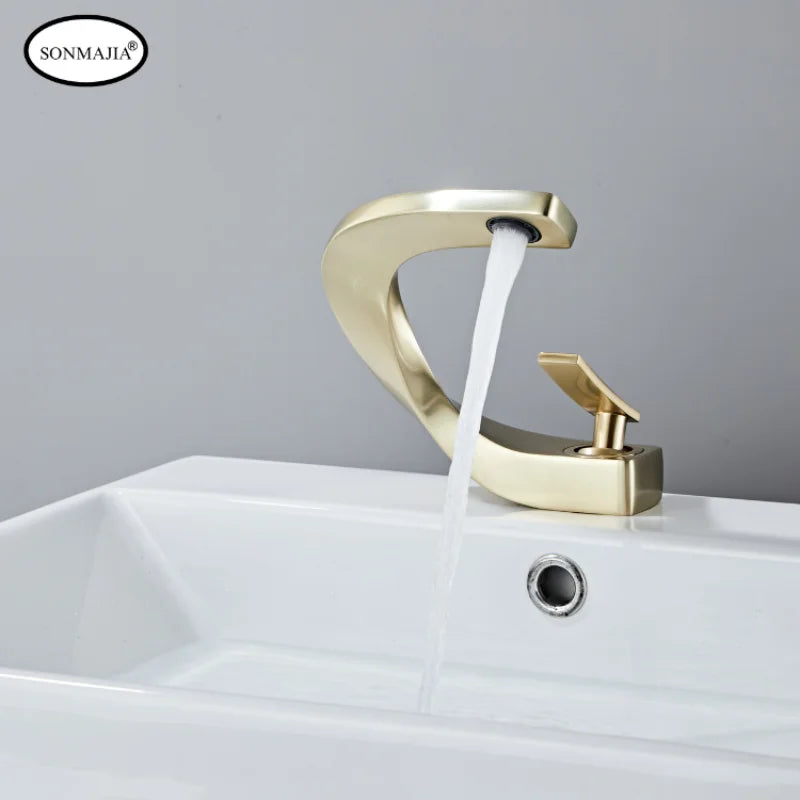 SONMAJIA Brass Golden Bathroom Faucet, Hot and Cold Single Handle Faucet, Solid Brass Basin Mixer Faucet with Unique Design