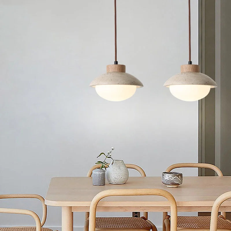 DecorBites™ LED Pendant Light: Japanese Style, Yellow Travertine Wood, Adjustable Hanging Lamp.