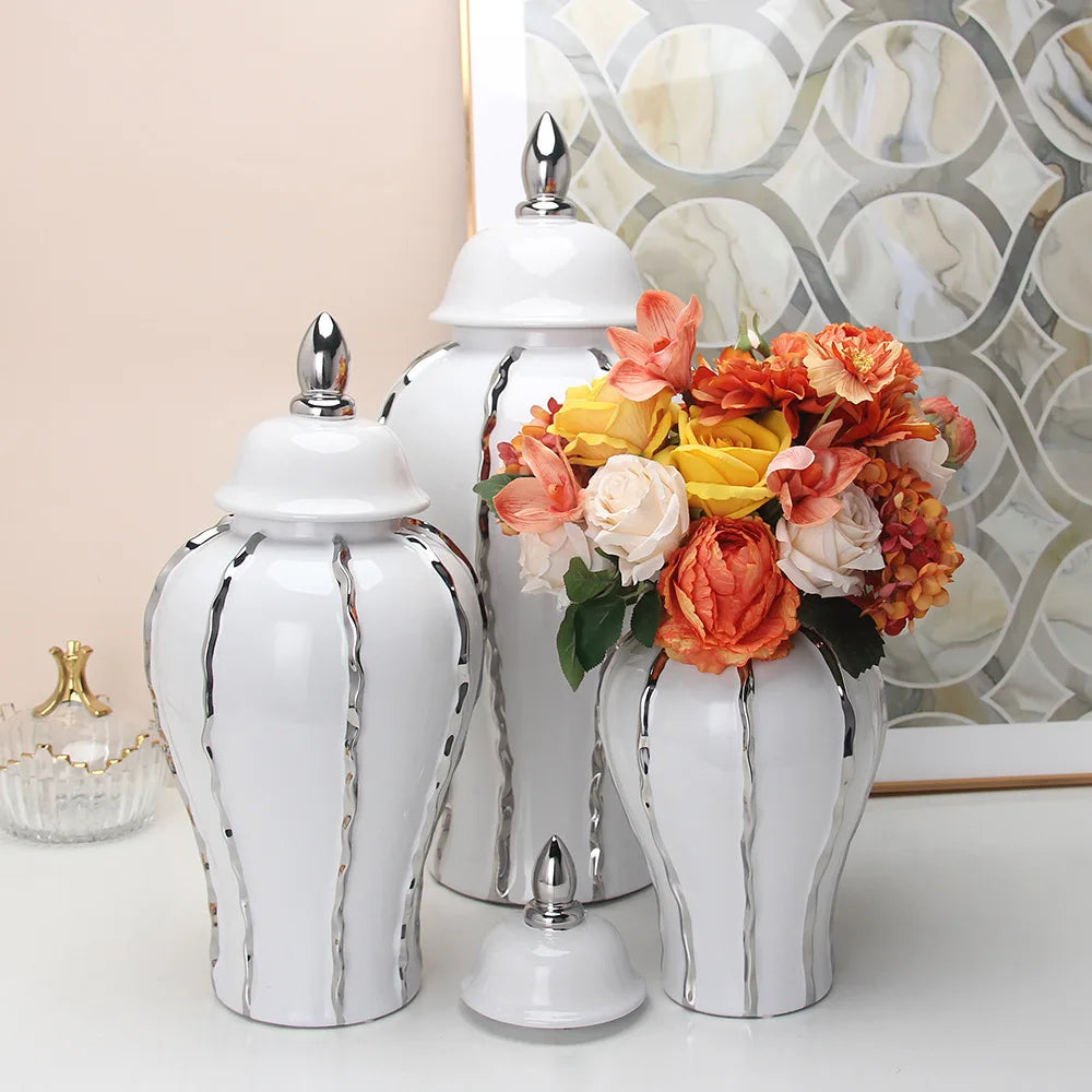 DecorBites™ Silver Striped Porcelain Ginger Pot Vase.