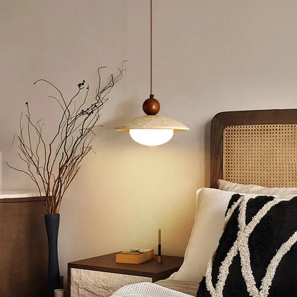 DecorBites™ Globe LED Pendant Light Yellow Travertine Stone White Glass Adjust Hang Lamp