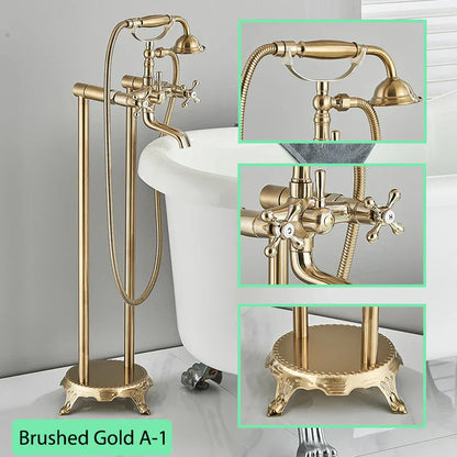 DecorBites™ Brass Freestanding Bathtub Filler with Handshower, Dual Handles & Shower Set