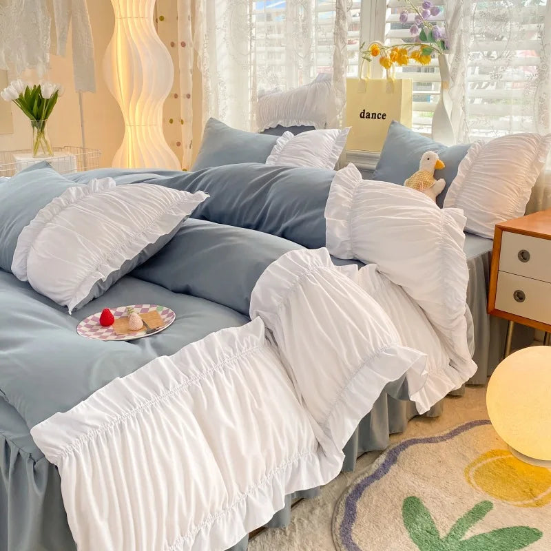 DecorBites™ Lace Trim Solid Cotton Bedding Set - Queen/King/Double/Single Sizes