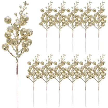 12Pcs Xmas Glitter Berries Fake Christmas Picks Glitter Sticks Party Favors Simulation Snowflake Berry Carving Garland DIY Decor