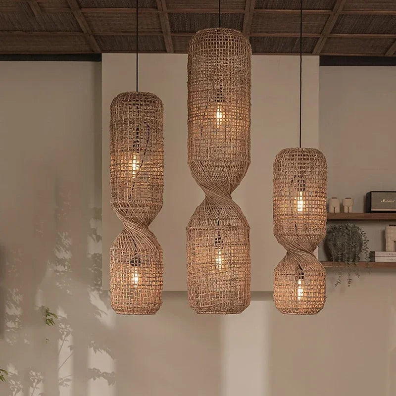 Vintage Hand-Woven Brown Rattan Cylinder Pendant Light