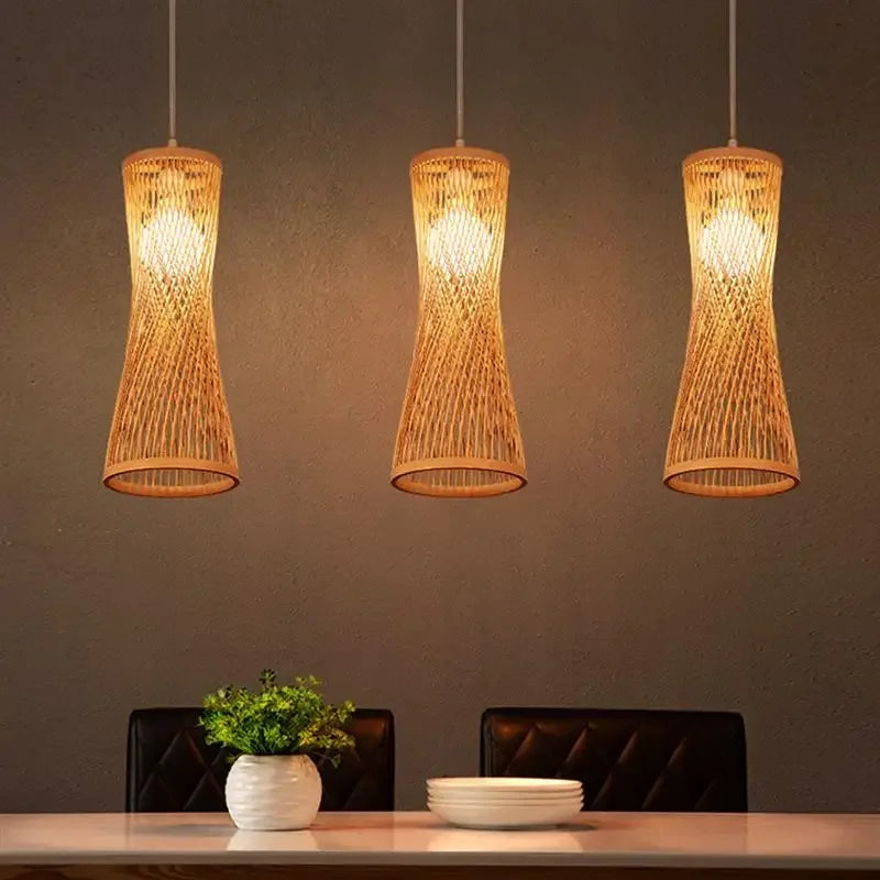 Japanese Bamboo Woven Pendant Light in Natural Finish