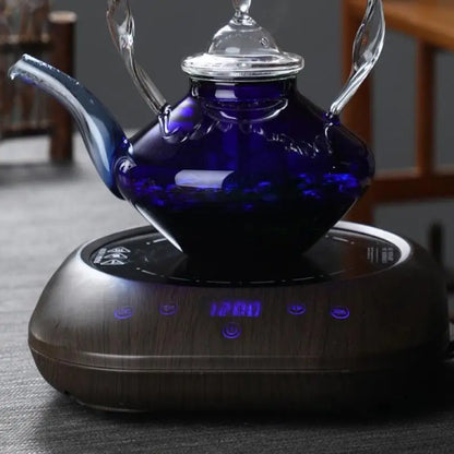 إبريق شاي أزرق من ديكوربايتس™ - إبريق شاي زجاجي مقاوم للحرارة على الطراز الياباني بمقبض ملتوي