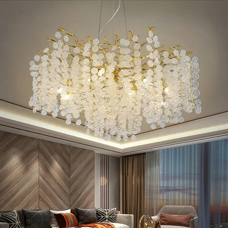 Lámpara de araña DecorBites™ Árbol del Dinero Dorado con Cristal para Dormitorio, Sala de Estar y Comedor. Iluminación de lujo.