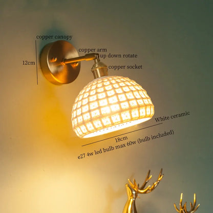 DecorBites™ Brass Ceramic LED Wall Light | Nordic Modern Bedside Lamp for Bedroom, Bathroom, and Sofa