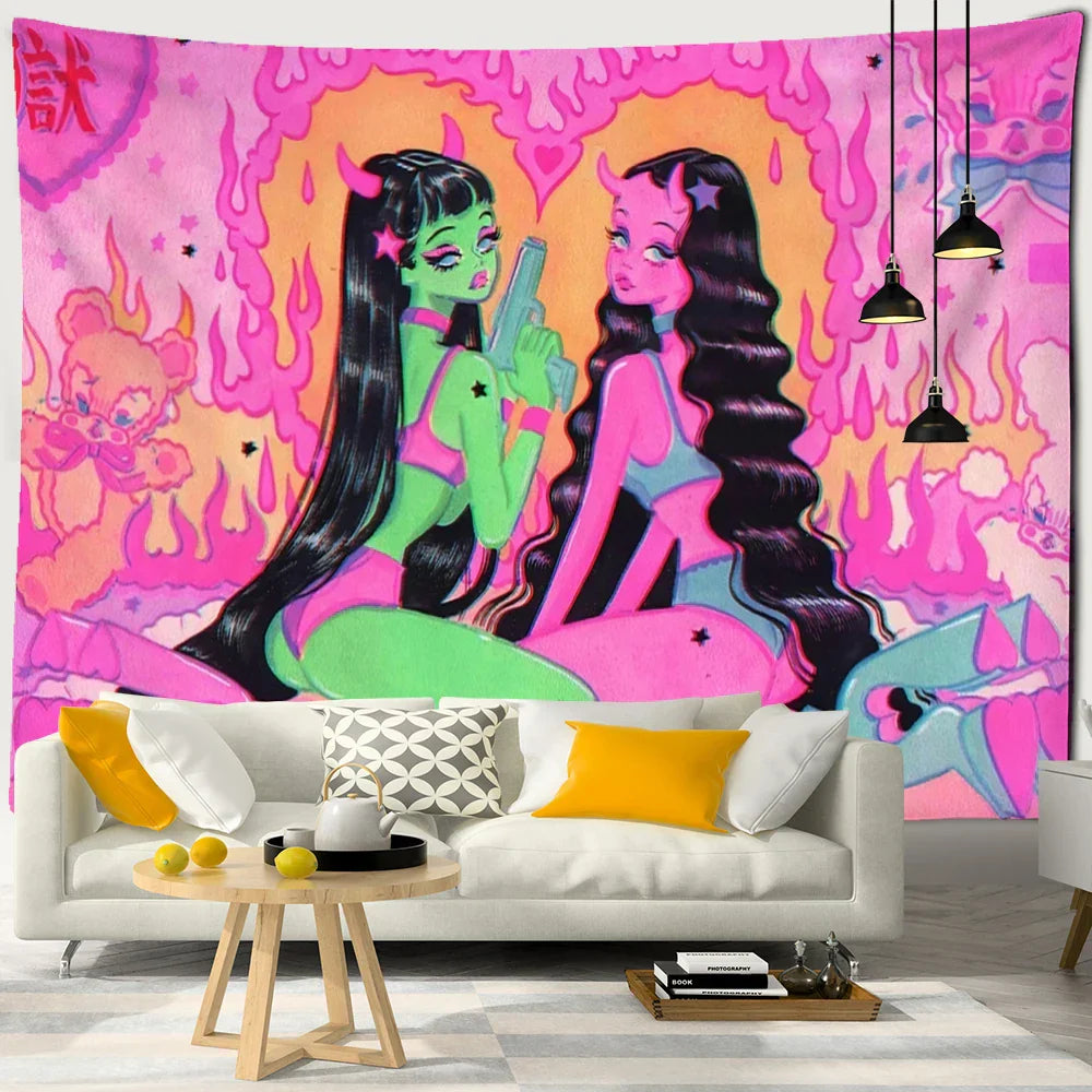Decorbites™ Tapiz para Mujeres Kawaii Ilustración de Chica Anime Arte Estético Decoración Hippie para Dormitorio