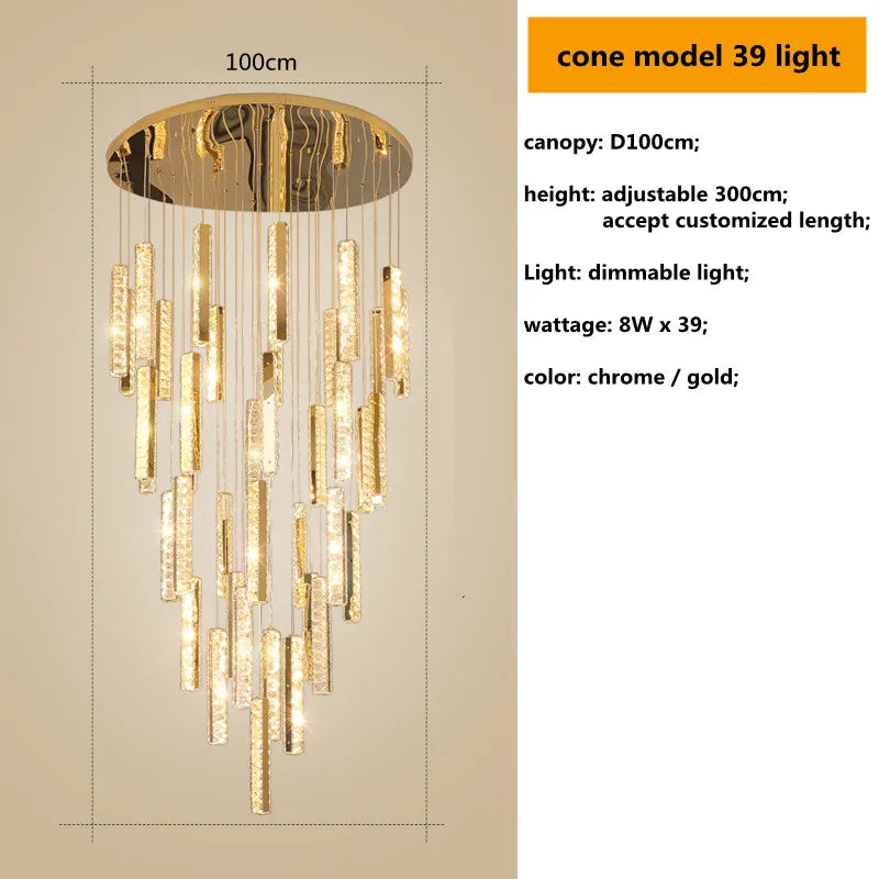 Luces de Lámpara Colgante de Cristal en Acero Cromo Dorado Decorbites™ con LED Regulable para Escalera de Villa