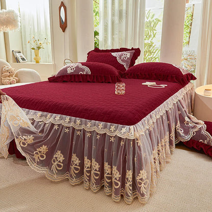 Decobites Princess Burgundy Red Velvet Bedding Set - Duvet Cover, Bed Skirt, Bedspread, Pillowcases