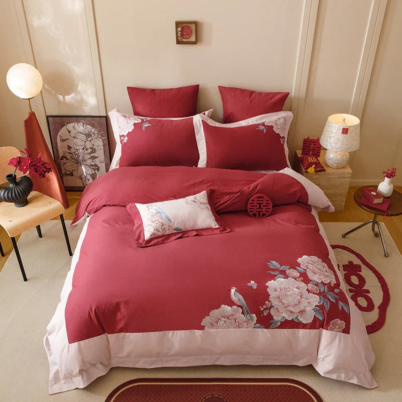 Decobites Luxury Chinese Flowers Embroidery Wedding Bedding Set Pillowcases