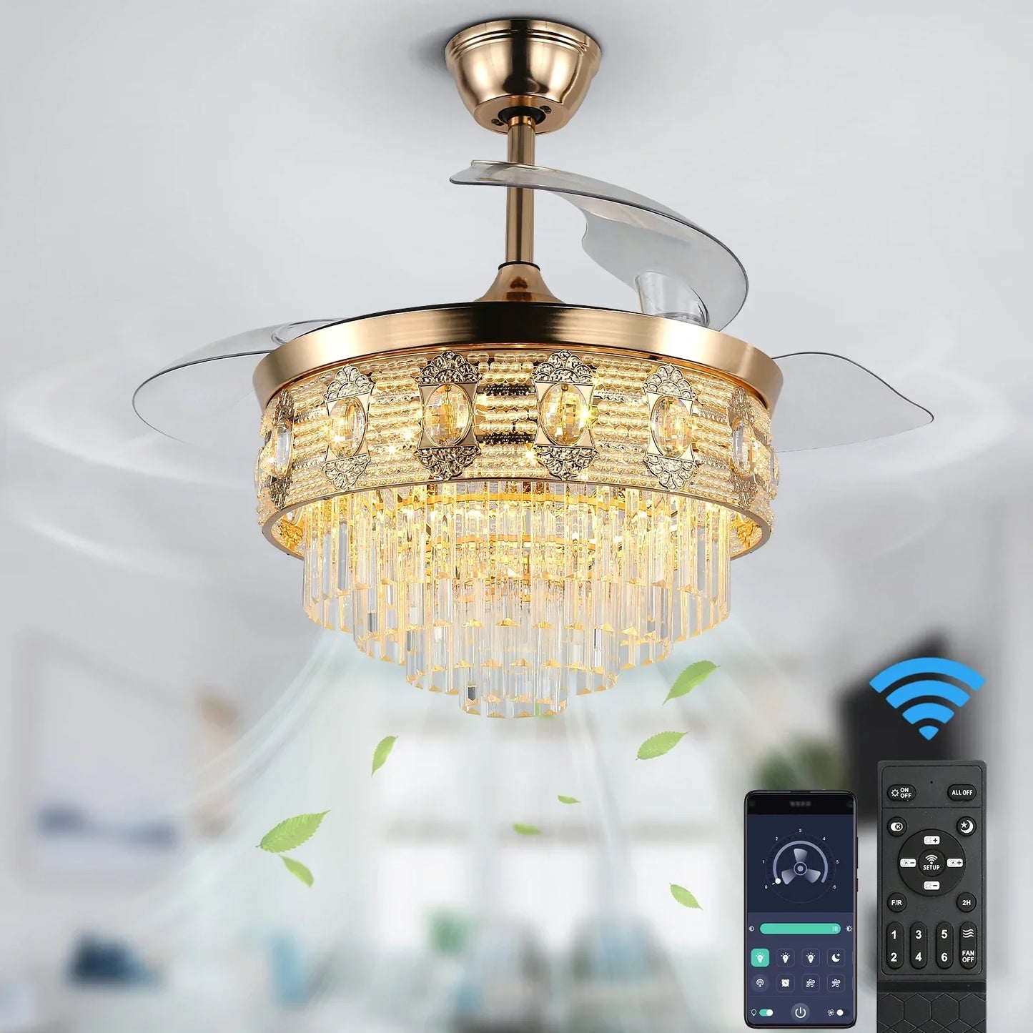 DecorBites™ Gold Smart Ceiling Fan Chandelier with LED Lights, 6 Speeds, 3 Heads