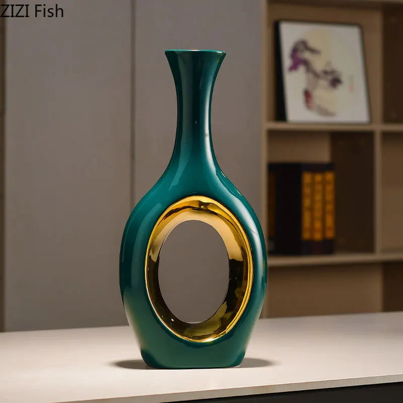 Decorbites™ Goldene Keramikvase mit Kunstblumen für elegante Raumdekoration
