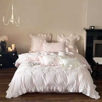 Decobites Pink Flowers Ruffles Princess Wedding Bedding Set - Soft Washed Cotton