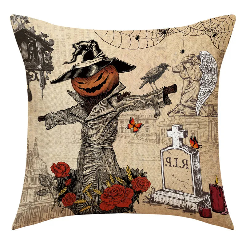 Decorbites™ Halloween-Kissenbezug-Set – Festive Bezüge für Sofakissen mit Druck von Kürbis, Katze und Hexenhut.